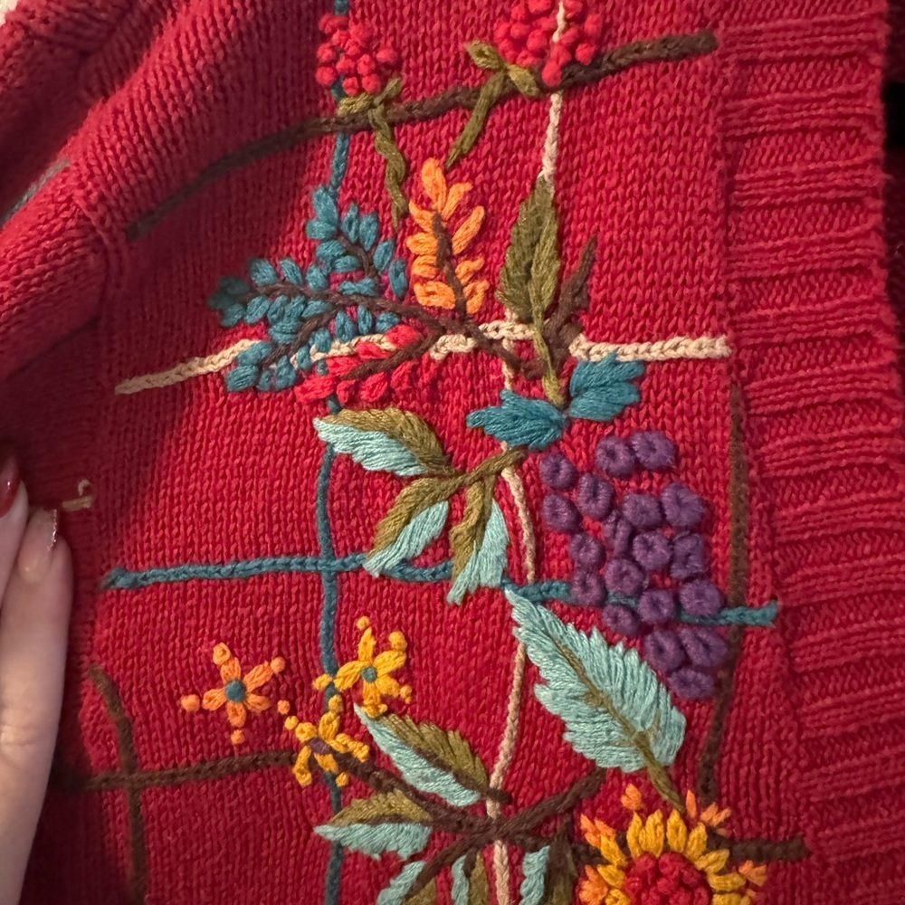 Alfred Dunner Red Floral Embroidered Plaid Button Up Knit Cardigan Grannycore LG - Picture 8 of 11